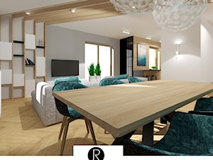 jasna jadalnia, otwarty salon, drewno i turkus - zdjęcie od KATARZYNA ROŻEK R-INTERIOR DESIGN projektowanie wnętrz