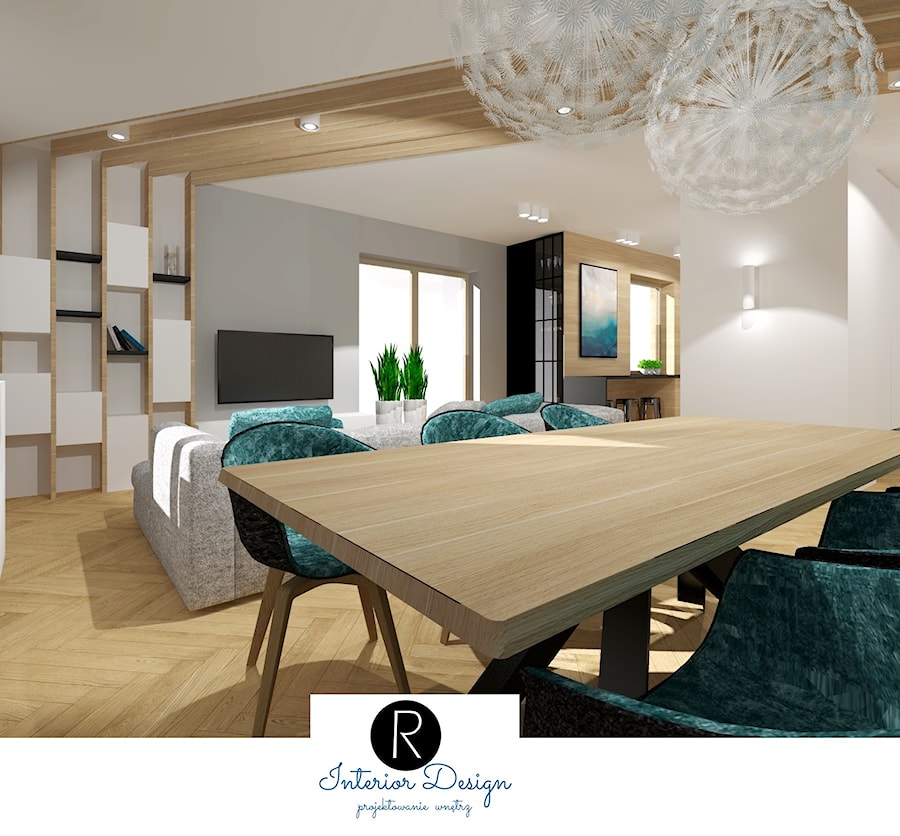 jasna jadalnia, otwarty salon, drewno i turkus - zdjęcie od KATARZYNA ROŻEK R-INTERIOR DESIGN projektowanie wnętrz