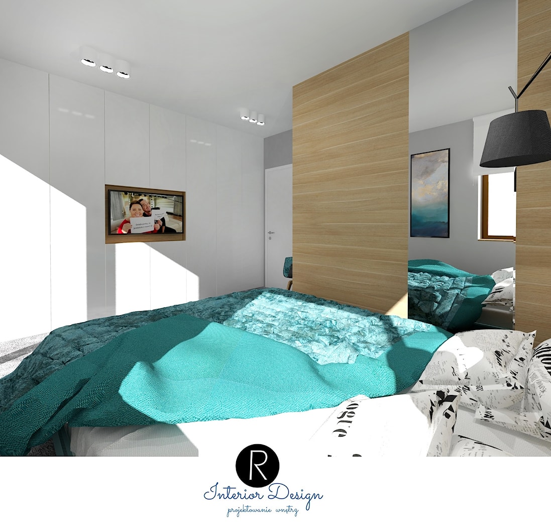 nowoczesna sypialnia, z wykładziną na podłodze i drewnem na ścianie - zdjęcie od KATARZYNA ROŻEK R-INTERIOR DESIGN projektowanie wnętrz - Homebook