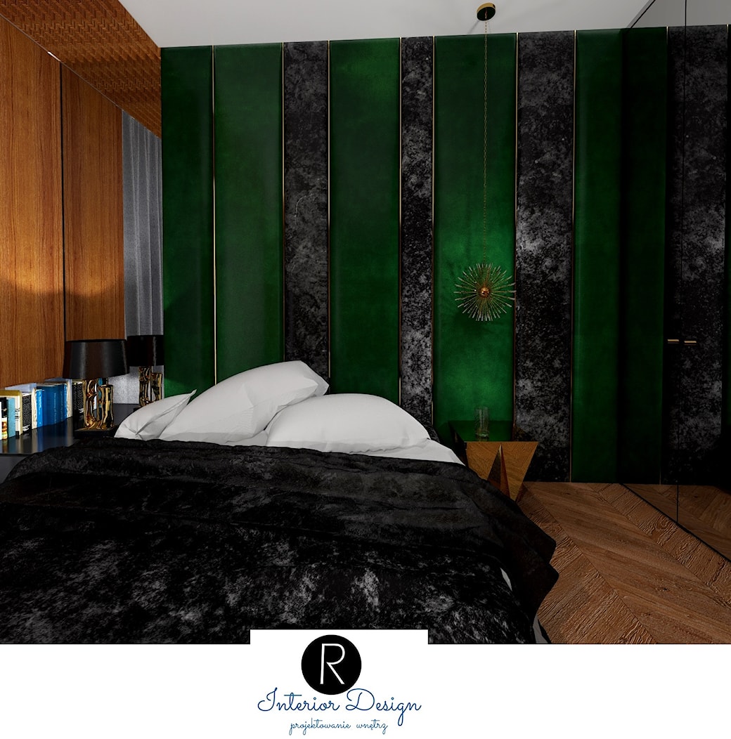 elegancka sypialnia, tapicerowany zagłówek, tapicerowana ściana, aksamitna ściana, zielony aksamit, czarny welur, złote dodatki, - zdjęcie od KATARZYNA ROŻEK R-INTERIOR DESIGN projektowanie wnętrz - Homebook