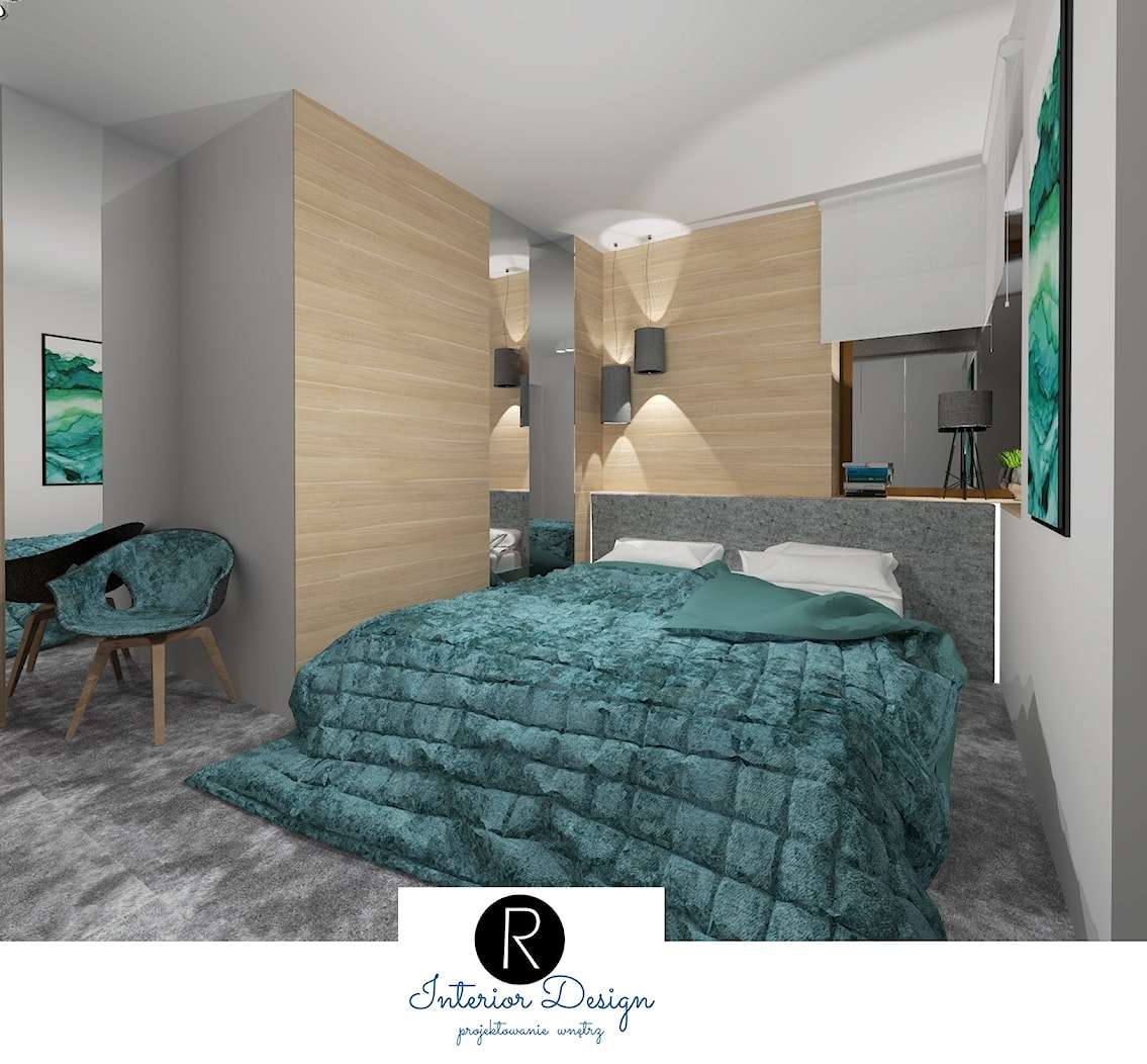 nowoczesna sypialnia, z wykładziną na podłodze i drewnem na ścianie - zdjęcie od KATARZYNA ROŻEK R-INTERIOR DESIGN projektowanie wnętrz - Homebook