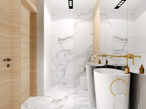 łazienka toaleta gościnna. Calacatta/ carrara i drewno. Elegancka łazienka - zdjęcie od KATARZYNA ROŻEK R-INTERIOR DESIGN projektowanie wnętrz