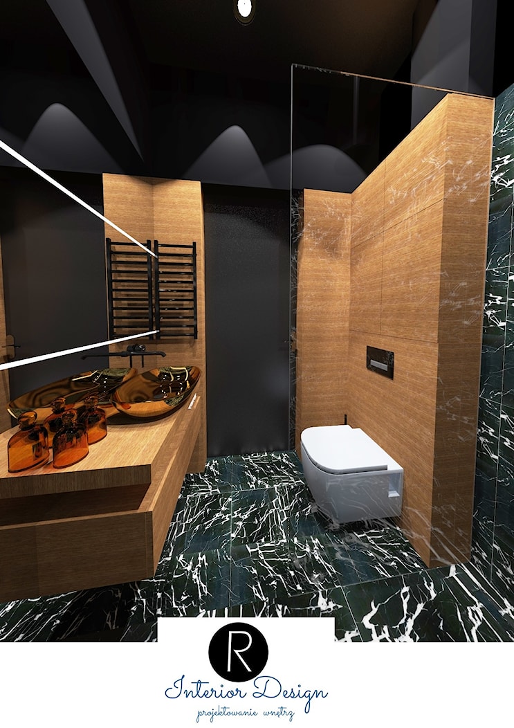 czarna łazienka, marmur i drewno - zdjęcie od KATARZYNA ROŻEK R-INTERIOR DESIGN projektowanie wnętrz - Homebook