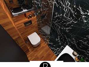 ciemna łazienka, czarna łazienka, mar,ur w łazience, drewno w łazience, lustrzana ściana - zdjęcie od KATARZYNA ROŻEK R-INTERIOR DESIGN projektowanie wnętrz