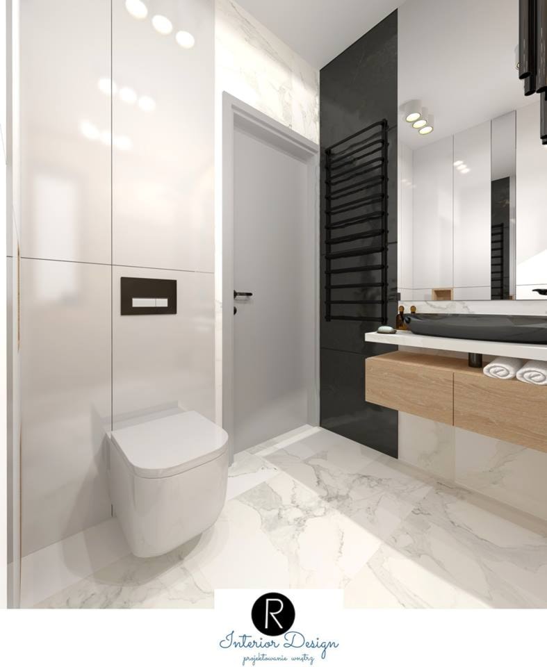 łazienka z prysznicem, drewno, calacatta, czerń i biel - zdjęcie od KATARZYNA ROŻEK R-INTERIOR DESIGN projektowanie wnętrz - Homebook