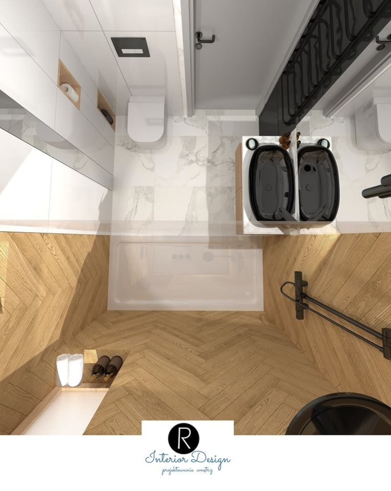 łazienka z drewnem i calacatta - zdjęcie od KATARZYNA ROŻEK R-INTERIOR DESIGN projektowanie wnętrz