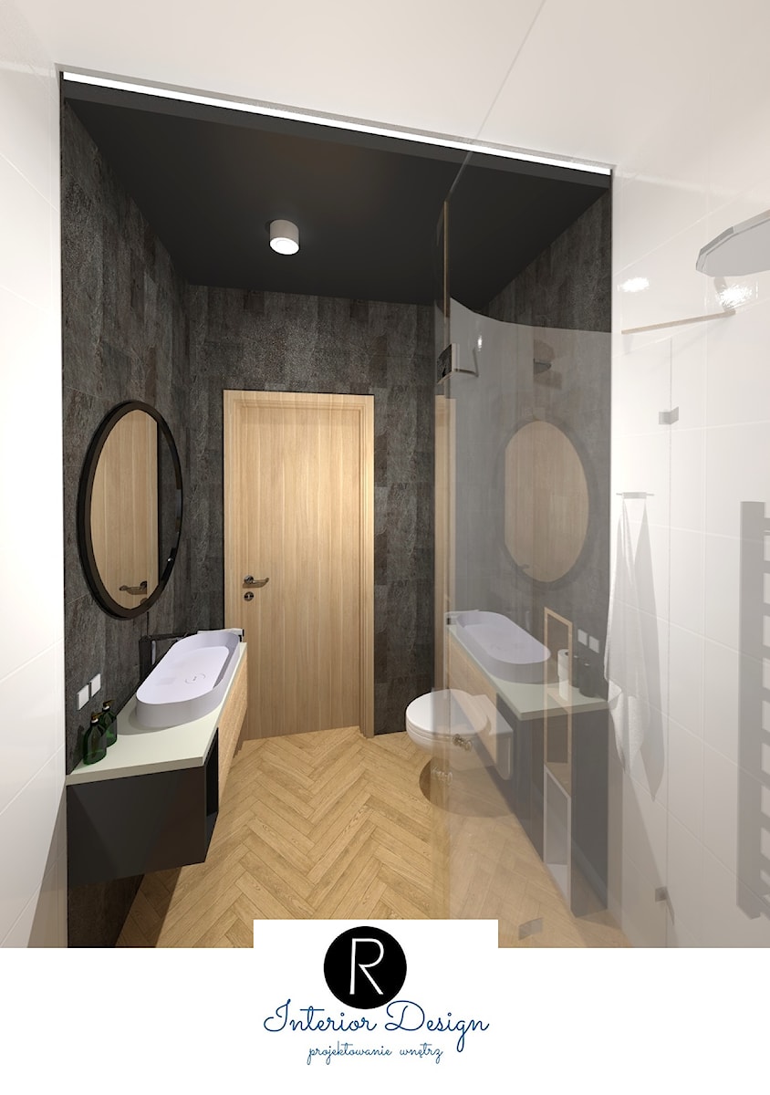 łazienka z prysznicem, elementami drewna. - zdjęcie od KATARZYNA ROŻEK R-INTERIOR DESIGN projektowanie wnętrz