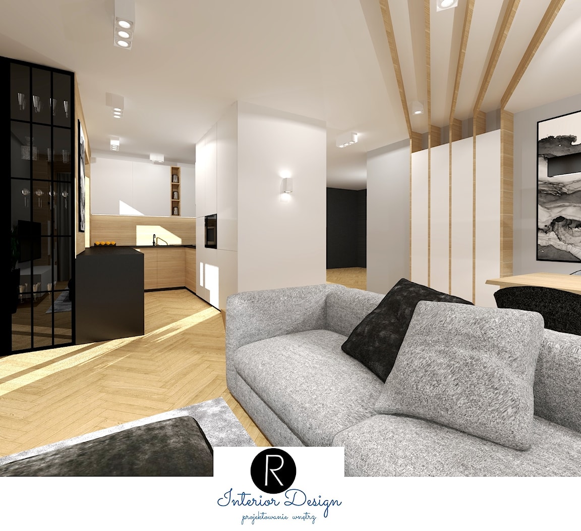 otwarty salon, drewno, czarne dodatki, drewno na suficie, zabudowa, minimalizm - zdjęcie od KATARZYNA ROŻEK R-INTERIOR DESIGN projektowanie wnętrz - Homebook