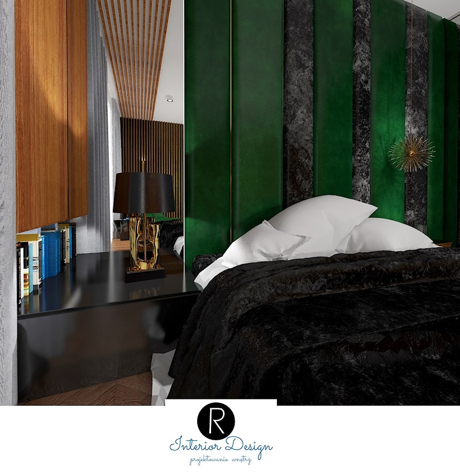 elegancka sypialnia, tapicerowany zagłówek, tapicerowana ściana, aksamitna ściana, zielony aksamit, czarny welur, złote dodatki, - zdjęcie od KATARZYNA ROŻEK R-INTERIOR DESIGN projektowanie wnętrz