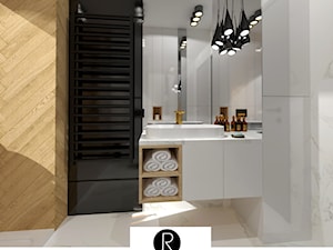 Łazienka z drewnem, caracatta, marmur, drewno, gres imitujący drewno, drewno w łazience, łazienka z prysznicem, łazienka z szafą - zdjęcie od KATARZYNA ROŻEK R-INTERIOR DESIGN projektowanie wnętrz