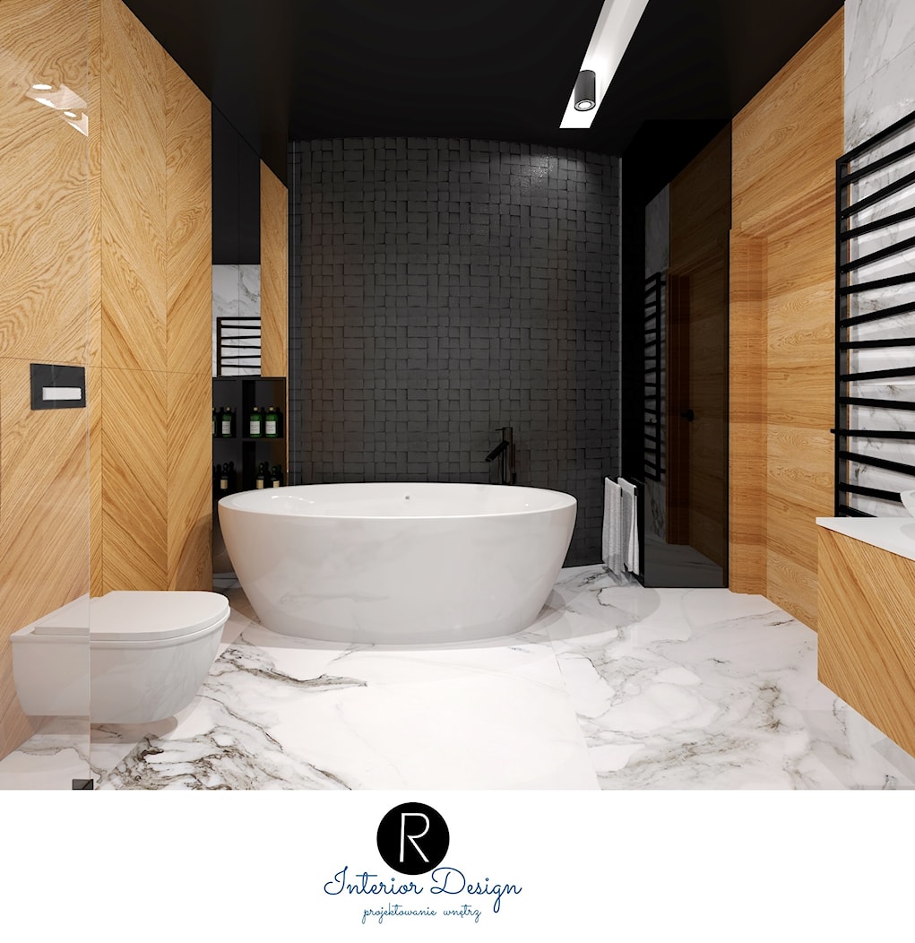 łazienka z wanną wolnostojącą calacatta + drewno - zdjęcie od KATARZYNA ROŻEK R-INTERIOR DESIGN projektowanie wnętrz - Homebook