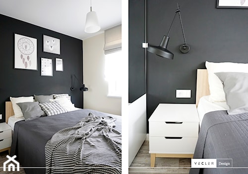 Szczypta grafitu - realizacja - Mała biała czarna sypialnia, styl nowoczesny - zdjęcie od Vecler Design