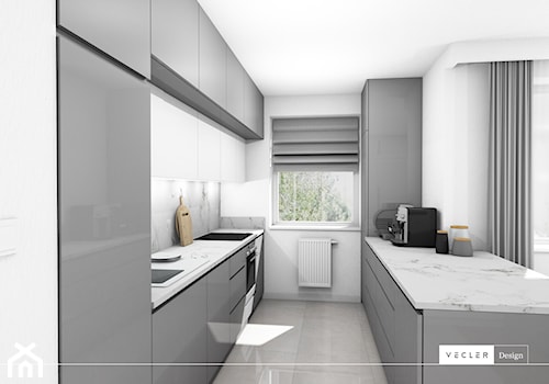 Silver Tone - Średnia otwarta biała szara z zabudowaną lodówką z nablatowym zlewozmywakiem kuchnia dwurzędowa z oknem z marmurem nad blatem kuchennym, styl nowoczesny - zdjęcie od Vecler Design