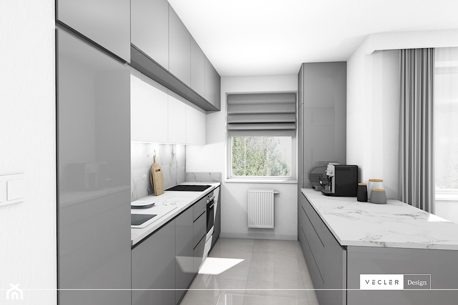 Silver Tone - Średnia otwarta biała szara z zabudowaną lodówką z nablatowym zlewozmywakiem kuchnia dwurzędowa z oknem z marmurem nad blatem kuchennym, styl nowoczesny - zdjęcie od Vecler Design