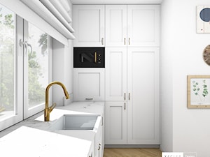 Rustykalny klimat - salon i kuchnia - Mała otwarta biała z zabudowaną lodówką z podblatowym zlewozmywakiem kuchnia w kształcie litery l z oknem, styl rustykalny - zdjęcie od Vecler Design