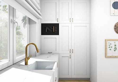 Rustykalny klimat - salon i kuchnia - Mała otwarta biała z zabudowaną lodówką z podblatowym zlewozmywakiem kuchnia w kształcie litery l z oknem, styl rustykalny - zdjęcie od Vecler Design