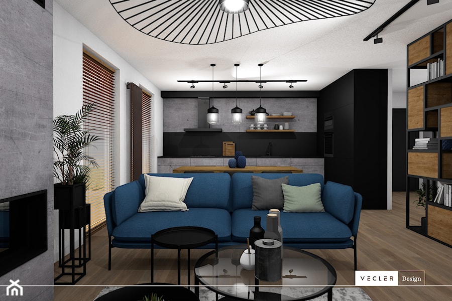 Konkretny Loft - Średnia otwarta z salonem czarna szara z zabudowaną lodówką kuchnia w kształcie litery l z wyspą lub półwyspem z oknem, styl industrialny - zdjęcie od Vecler Design