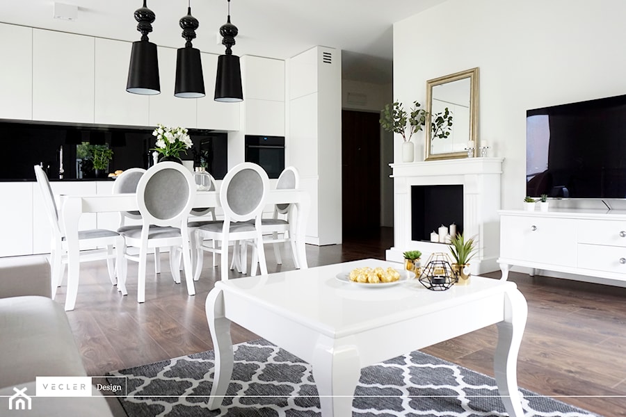 Glamour - realizacja - Średni biały salon z kuchnią z jadalnią, styl glamour - zdjęcie od Vecler Design