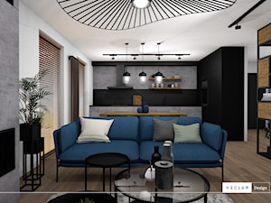 Konkretny Loft - Średni biały czarny szary salon z kuchnią z jadalnią z bibiloteczką, styl industrialny - zdjęcie od Vecler Design