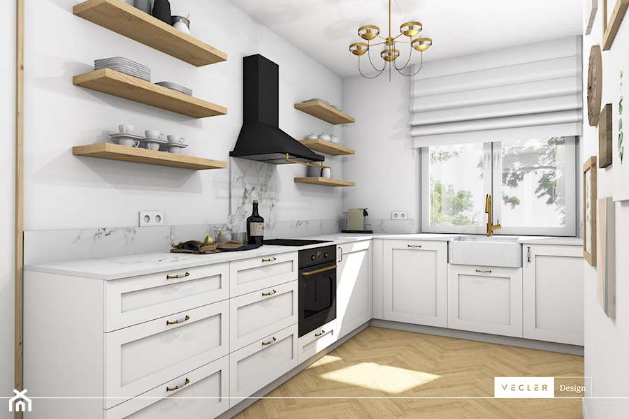 Rustykalny klimat - salon i kuchnia - Średnia otwarta z salonem biała z zabudowaną lodówką z nablato ... - zdjęcie od Vecler Design