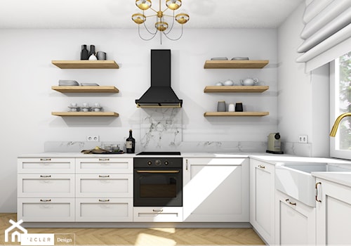 Rustykalny klimat - salon i kuchnia - Średnia otwarta z salonem biała z zabudowaną lodówką z nablatowym zlewozmywakiem kuchnia w kształcie litery l z oknem, styl rustykalny - zdjęcie od Vecler Design