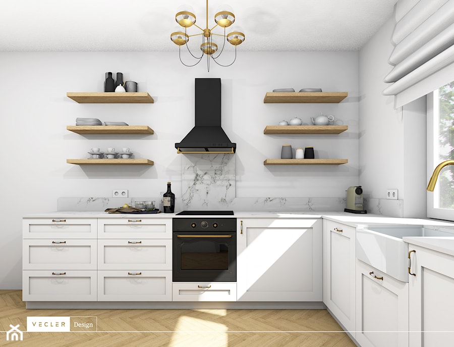 Rustykalny klimat - salon i kuchnia - Średnia otwarta z salonem biała z zabudowaną lodówką z nablatowym zlewozmywakiem kuchnia w kształcie litery l z oknem, styl rustykalny - zdjęcie od Vecler Design
