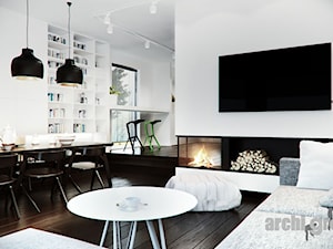 Projekt wnętrz salonu z kuchnią w domu jednorodzinnym - Salon, styl nowoczesny - zdjęcie od archi group
