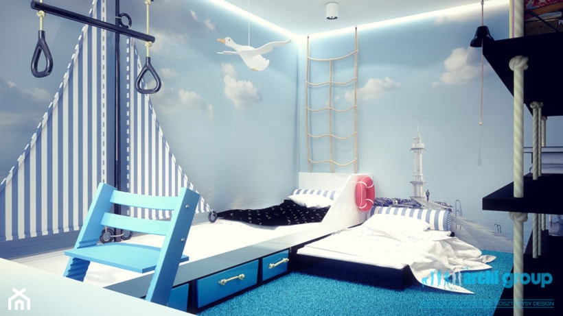 Projekt pokoju dziecięcego - Średni niebieski pokój dziecka dla dziecka dla nastolatka dla chłopca, styl minimalistyczny - zdjęcie od archi group