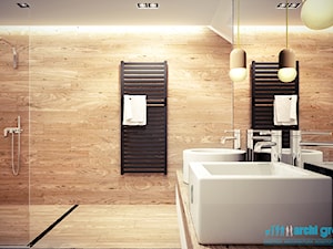 Projekt wnętrz łazienki w domu jednorodzinnym w Rudzie Śląskiej - Średnia na poddaszu z lustrem z dwoma umywalkami z punktowym oświetleniem łazienka z oknem, styl nowoczesny - zdjęcie od archi group