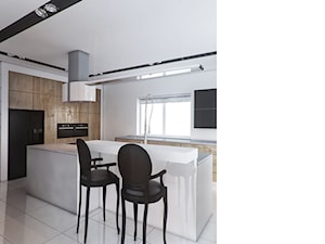 Projekt wnętrza kuchni w domu jednorodzinnym - Duża otwarta z kamiennym blatem biała z zabudowaną lodówką kuchnia w kształcie litery l z wyspą lub półwyspem z oknem, styl nowoczesny - zdjęcie od archi group