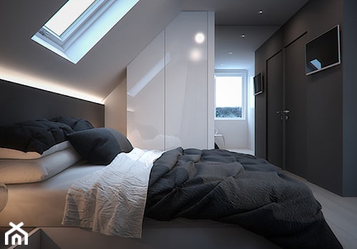 Projekt wnętrza sypialni na poddaszu domu w Piekarach Śląskich - Średnia biała czarna z biurkiem sypialnia na poddaszu, styl nowoczesny - zdjęcie od archi group
