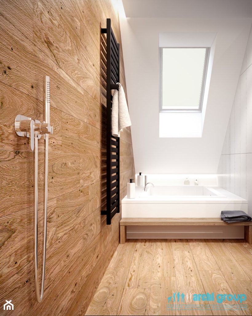 Projekt wnętrz łazienki w domu jednorodzinnym w Rudzie Śląskiej - Średnia na poddaszu łazienka z oknem, styl nowoczesny - zdjęcie od archi group