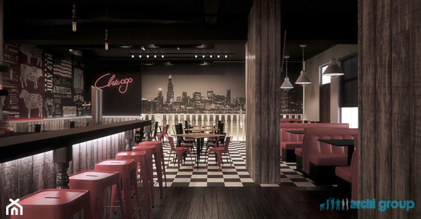 Projekt wnętrz restauracji "Chicago" w Zawierciu - Wnętrza publiczne, styl nowoczesny - zdjęcie od archi group
