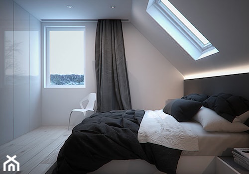 Projekt wnętrza sypialni na poddaszu domu w Piekarach Śląskich - Duża biała szara sypialnia na poddaszu, styl nowoczesny - zdjęcie od archi group