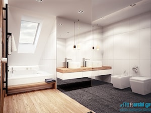 Projekt wnętrz łazienki w domu jednorodzinnym w Rudzie Śląskiej - Duża z lustrem z dwoma umywalkami z punktowym oświetleniem łazienka z oknem, styl nowoczesny - zdjęcie od archi group