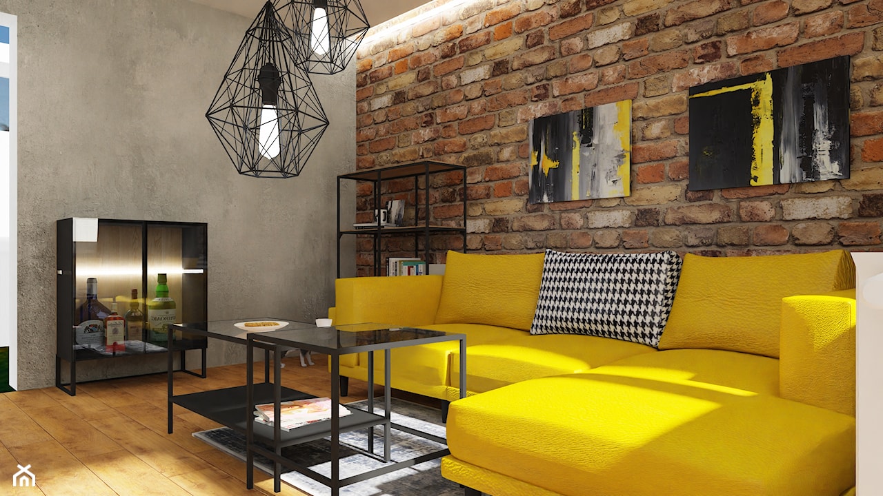 żółta kanapa, industrialny salon, modne kolory 2021