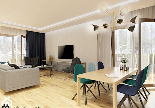 APARTAMENT BOUTIQ PARK - Duży szary salon z jadalnią, styl skandynawski - zdjęcie od Bekier Studio