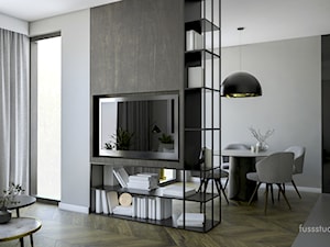 Apartament na Rydygiera - Biały salon z jadalnią z tarasem / balkonem, styl nowoczesny - zdjęcie od Fuss Studio
