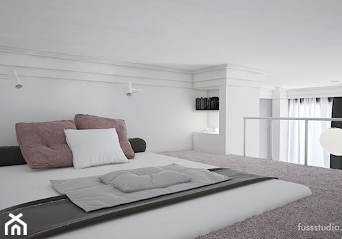 Kawalerka 31,44m2 dla rozważnej i romantycznej - Mała biała sypialnia na antresoli, styl nowoczesny - zdjęcie od Fuss Studio