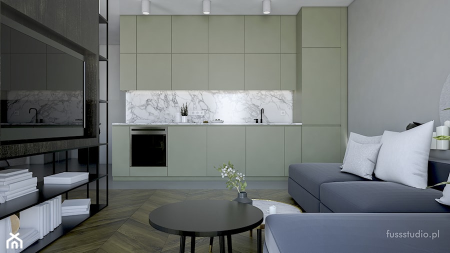 Apartament na Rydygiera - Średnia otwarta z salonem z kamiennym blatem szara z zabudowaną lodówką kuchnia jednorzędowa z marmurem nad blatem kuchennym, styl nowoczesny - zdjęcie od Fuss Studio