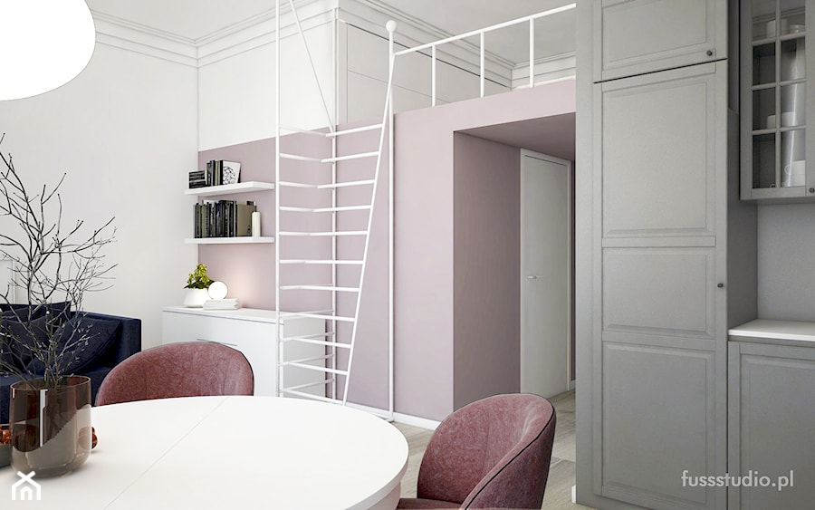 Kawalerka 31,44m2 dla rozważnej i romantycznej - Średnia biała fioletowa szara jadalnia w salonie, styl nowoczesny - zdjęcie od Fuss Studio
