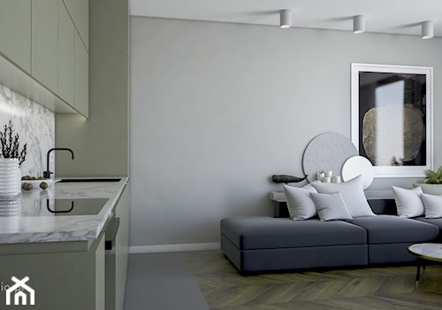 Apartament na Rydygiera - Mały szary salon z kuchnią, styl nowoczesny - zdjęcie od Fuss Studio