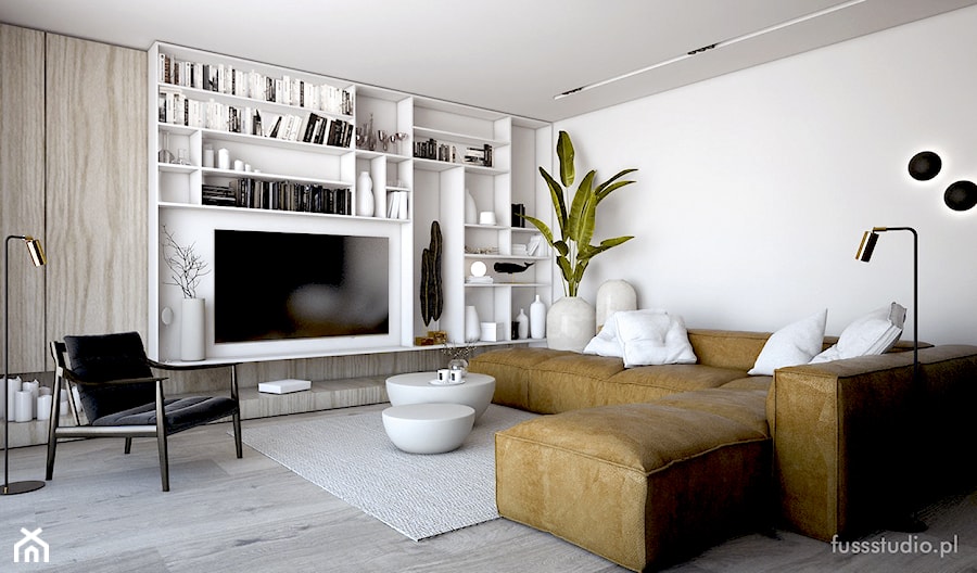 Warszawa - apartament na Żoliborzu - Duży biały salon z bibiloteczką, styl nowoczesny - zdjęcie od Fuss Studio
