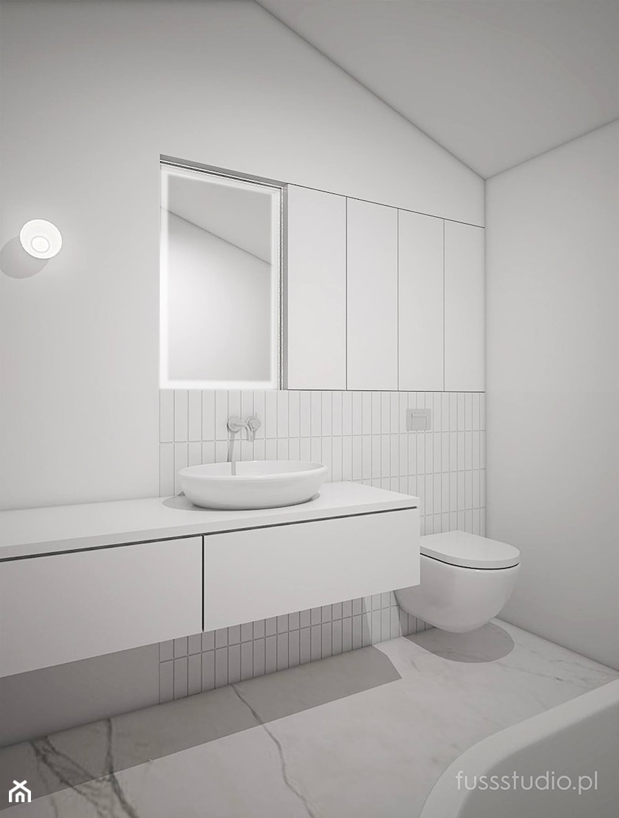 Port Praski - Średnia na poddaszu bez okna z marmurową podłogą łazienka, styl minimalistyczny - zdjęcie od Fuss Studio