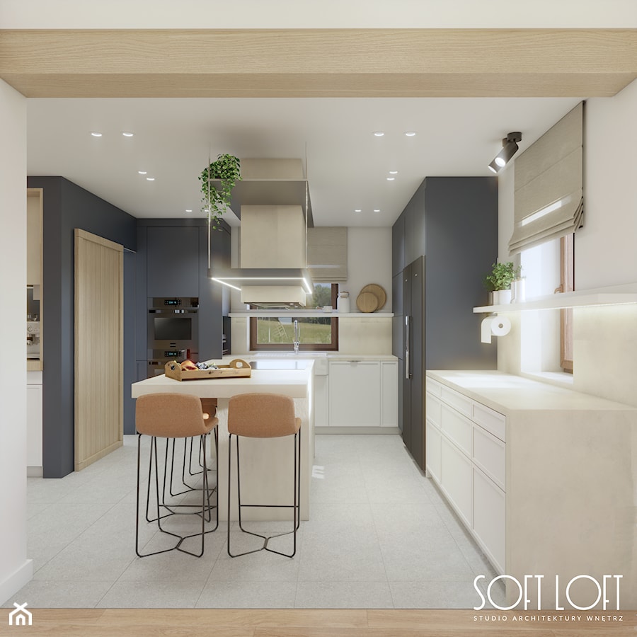 Przytulny dom 2022 - Duża otwarta biała z zabudowaną lodówką kuchnia z granatowymi frontami w kształcie litery l z wyspą lub półwyspem z oknem, styl rustykalny - zdjęcie od SOFT LOFT