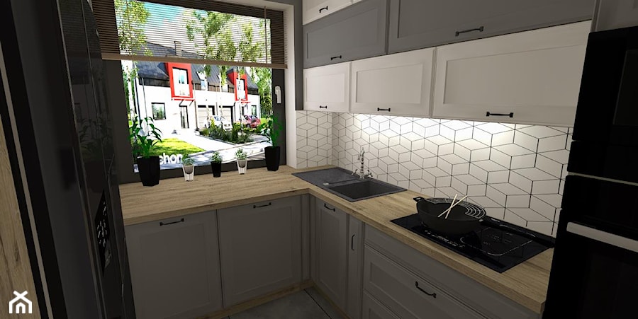 salon z kuchnią - Średnia zamknięta biała z zabudowaną lodówką z nablatowym zlewozmywakiem kuchnia w kształcie litery l z oknem - zdjęcie od Ewa Projekty