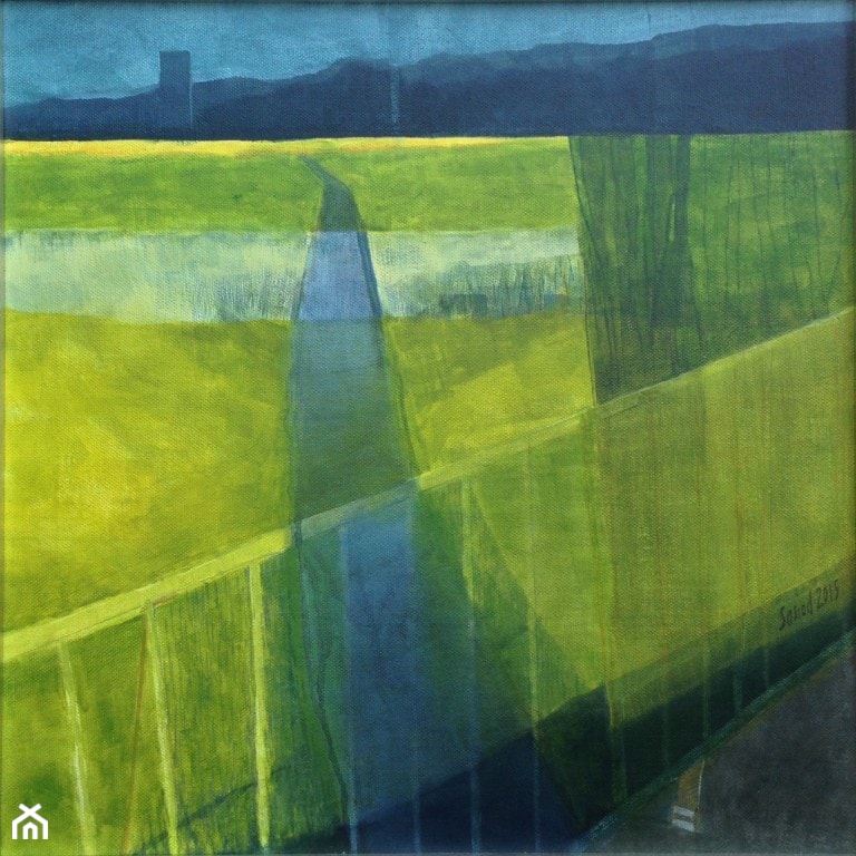 Pejzaż z rzeczką | Akryl na płótnie | 40×40 cm | Rama drewniana szeroka srebrna - zdjęcie od Anna Sąsiadek Malarstwo Obrazy