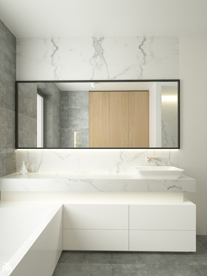 Wnętrze domu - Biała Podlaska | 2017 - Mała z lustrem z marmurową podłogą z punktowym oświetleniem łazienka z oknem, styl nowoczesny - zdjęcie od DreamUp Design - Homebook