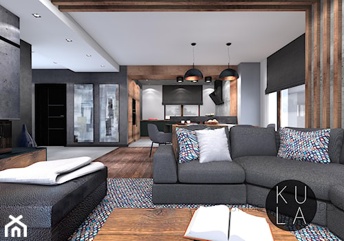 Projekt domu jednorodzinnego - Średni czarny szary salon z kuchnią z jadalnią, styl industrialny - zdjęcie od studio KULA design | Rzeszów