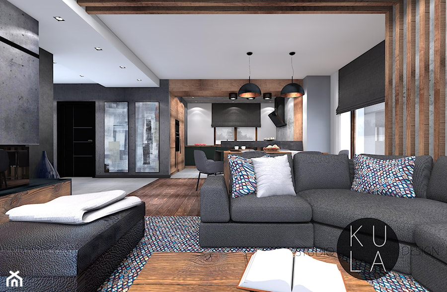Projekt domu jednorodzinnego - Średni czarny szary salon z kuchnią z jadalnią, styl industrialny - zdjęcie od studio KULA design | Rzeszów